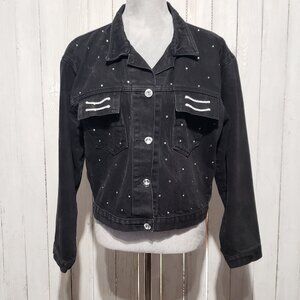 Vintage 80s 90s Black Jean Jacket Rhinestone Chains Punk Edgy Street Western
